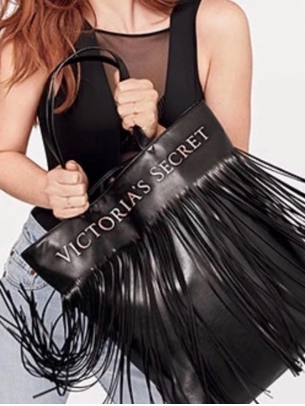 NWOT Victoria's Secret Black Flirty Fringe Logo Tote Bag Vegan Leather 15”x16”x4